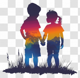 Children Silhouette - Silhouette Of Children Holding Hands Transparent PNG