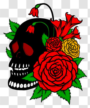 Halloween Skull Flowers - Black Skull With Roses For Halloween Transparent PNG