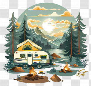 Camping Scene - Camping Caravan Illustration With Forest View Transparent PNG