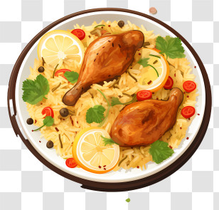 Hand Drawn Chicken Biryani - Delicious Chicken Drumsticks With Rice And Lemon Transparent PNG