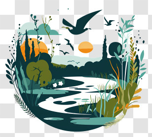 World Wetlands Day - Picturesque River Scene With Birds And Trees Transparent PNG