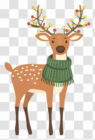 Christmas Deer - Cute Cartoon Reindeer With Green Scarf And Decorated Antlers Transparent PNG