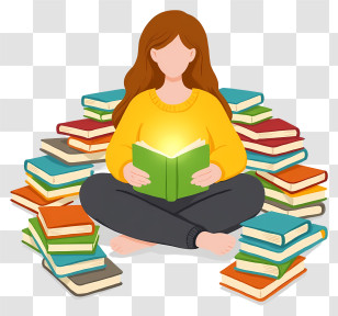 Knowledge And Imagination - Woman Reading Amid Book Piles Transparent PNG