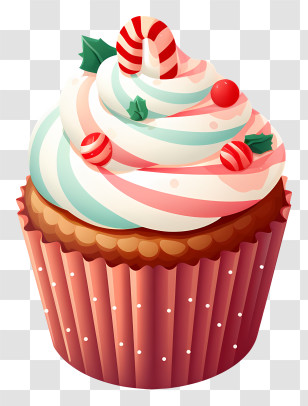 Cupcake - Festive Cupcake With Candy Cane And Holly Transparent PNG