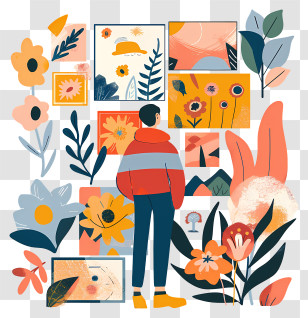 Watching Exhibition - Art Gallery Illustration With Floral Panels Transparent PNG