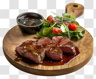 Steak - Grilled Steak With Salad And Sauce On Wooden Platter Transparent PNG
