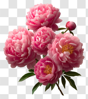 Pink Peony Flower Cluster - Pink Peonies With Green Leaves Transparent PNG