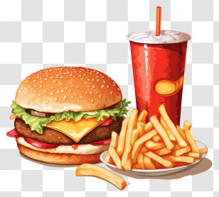 Fast Food - Classic Fast Food Meal With Drink And Burger Transparent PNG