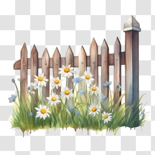 Wooden Garden Fence - Decorative Wooden Fence With Daisies Illustration Transparent PNG