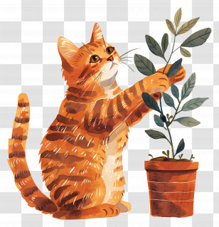 Gardener Cat - Cute Cat Playing With Potted Plant Illustration Transparent PNG