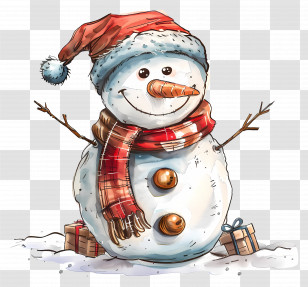 Christmas Snowman - Cute Snowman Illustration With Santa Hat And Gifts Transparent PNG