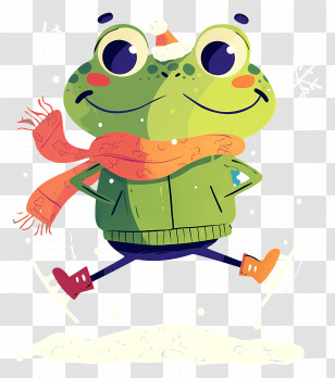 Cartoon Frog Ice Skating - Happy Green Frog In Winter Transparent PNG