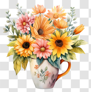 Coffee Flowers - White Cup Full Of Yellow Sunflowers Transparent PNG