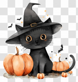 Halloween Cat - Black Cat In Witch Hat With Pumpkins Transparent PNG