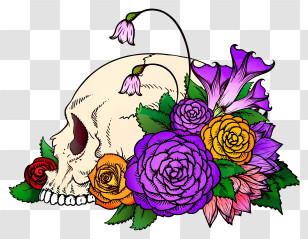 Halloween Skull Flowers - Floral Skull With Colorful Flowers Transparent PNG