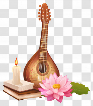 Saraswathi Puja - Mandolin, Lotus, And Candle Peaceful Still Life Illustration Transparent PNG