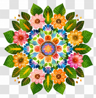 Pookalam - Colorful Floral Mandala With Leaves Transparent PNG