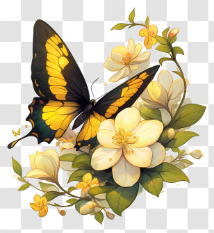 Spring Flower Corner - Yellow Butterfly On Cream Flowers Transparent PNG