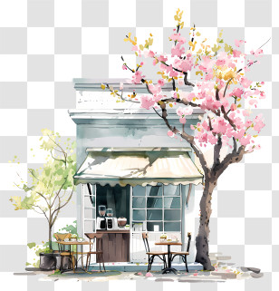 Spring Coffee Shop - Watercolor CafÃ© Scene With Cherry Blossoms Transparent PNG