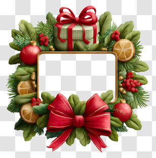 Christmas Wreath Rectangle - Christmas Gift Frame With Red Bow Transparent PNG