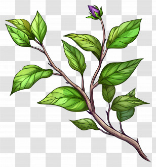 Purple Flowers - Illustrated Branch With Green Leaves Transparent PNG
