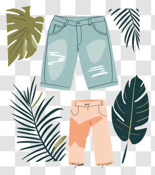 Jeans - Illustration Of Shorts And Tropical Leaves Transparent PNG