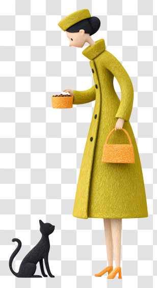 Woman Feeding Cat Food - Woman In Yellow Coat Feeding A Cat Transparent PNG