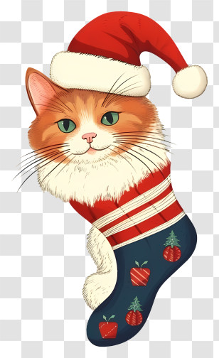 Hand Drawn Cat In Christmas Sock - Adorable Cat In Christmas Stocking With Santa Hat Transparent PNG