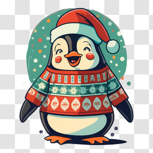Christmas Penguin - Festive Penguin In Christmas Sweater And Santa Hat Transparent PNG