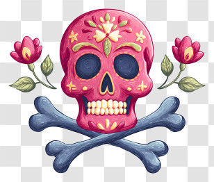 Sugar Skull With Crossbones - Pink Skull With Crossbones And Floral Design Transparent PNG