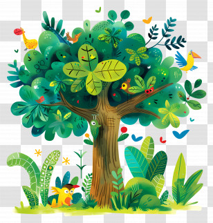 Jungle Tree - Cartoon Forest Tree With Animals And Plants Transparent PNG