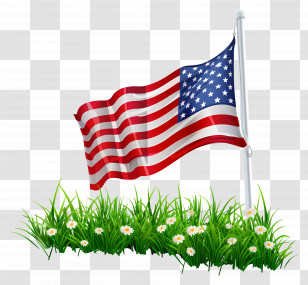 Memorial Day - Waving American Flag With Grass And Flowers Transparent PNG
