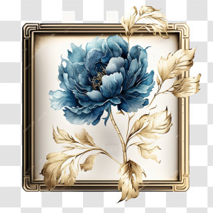 Watercolor Peony
 - Framed Blue Flower With Golden Leaves Transparent PNG