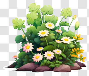 Cartoon Flowers - Daisy And Yellow Flowers In Garden Bush Transparent PNG