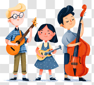 Kids Playing Music - Cartoon Musical Trio Playing Instruments Transparent PNG