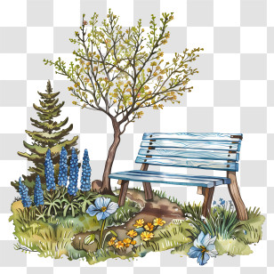 Park Bench - Garden Bench With Flowers And Trees Transparent PNG