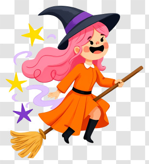 Halloween Witch On Broom - Flying Witch On Broom With Stars Transparent PNG