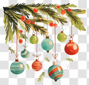 Christmas Balls On A Branch - Christmas Ornaments Hanging From Pine Branch Transparent PNG