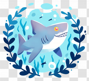 Cute Shark - Cartoon Shark Underwater Surrounded By Sea Plants Transparent PNG