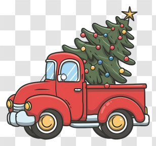 Cartoon - Red Truck Carrying A Christmas Tree Transparent PNG