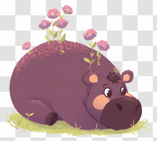 Cute Purple Hippopotamus - Hippo With Flowers Transparent PNG