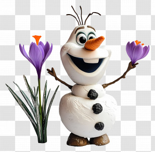 Frozen Olaf - Cheerful Snowman Holding Purple Flowers Cartoon Transparent PNG