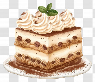 Cake - Slice Of Tiramisu Cake With Cream And Coffee Beans Transparent PNG