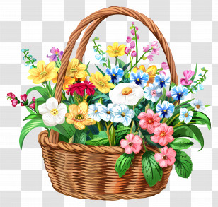 May Day - Wicker Basket Filled With Colorful Flowers Transparent PNG