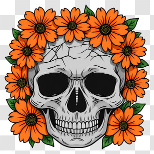 Halloween Skull Flowers - Skull With Orange Flowers For Halloween Transparent PNG