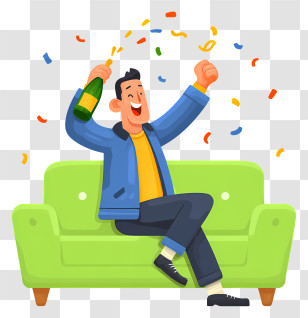 Champagne Bursts Out - Man Celebrating On Sofa Transparent PNG