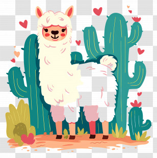 Alpaca Cartoon - Llama With Cactus And Hearts Transparent PNG