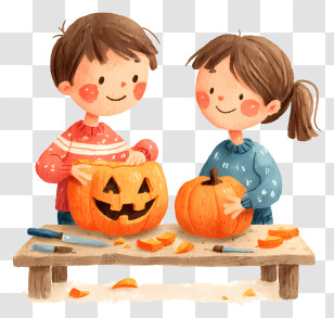 Children Carving Pumpkins - Watercolor Kids Carving Pumpkins Transparent PNG
