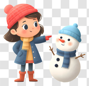 Girl With Snowman In Park - Child In Winter Clothes With Snowman Transparent PNG