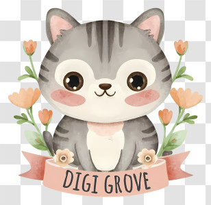 Grey And White Kitten - Cute Cat With Flowers Transparent PNG